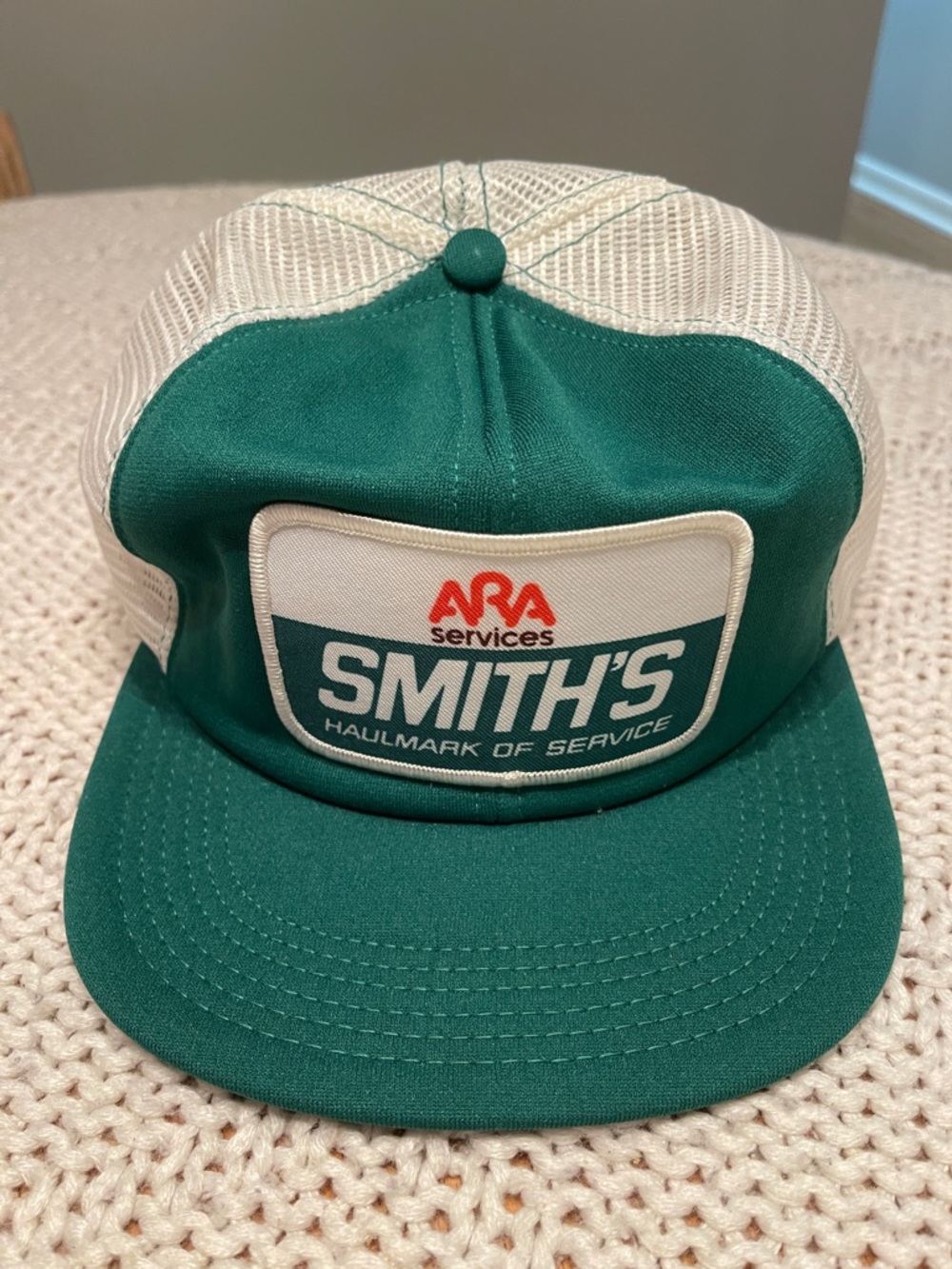 Vintage Smith’s ARA Services Trucker Hat Made USA Green Mesh Snapback 80s